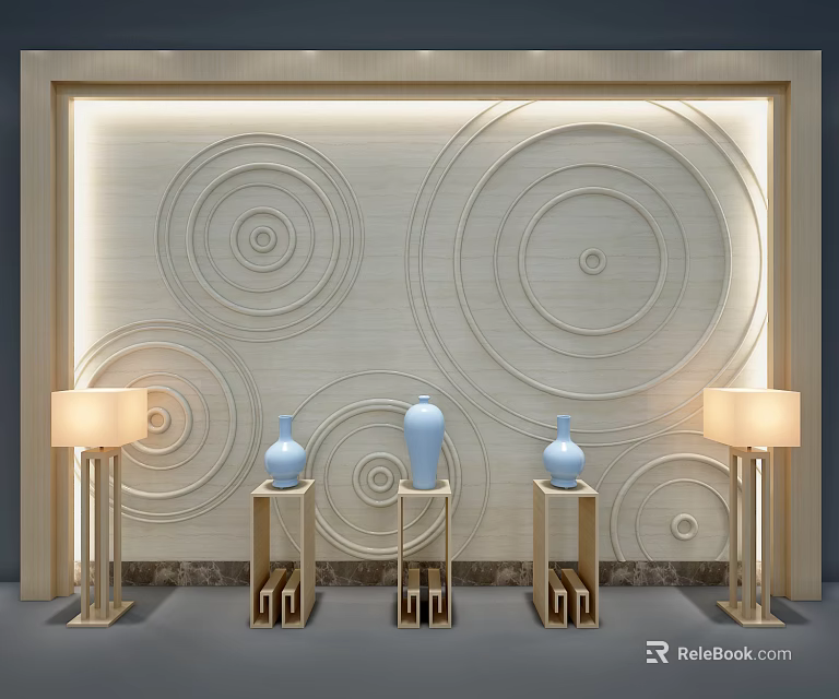 Elegant Background Wall With Circular Relief Patterns Blue Vases And Table Lamps 3d model