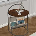 Round Wooden Top Bedside Table with Metal Frame Storage Shelf Eyeglasses Coffee Cup and Books