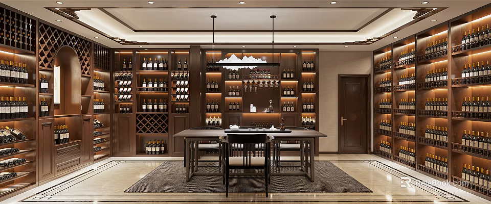 Luxurious Wine Cellar Interior With Wooden Racks Filled Wine Bottles And Long Table 3d model 