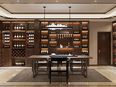 Luxurious Wine Cellar Interior With Wooden Racks Filled Wine Bottles And Long Table 3d model