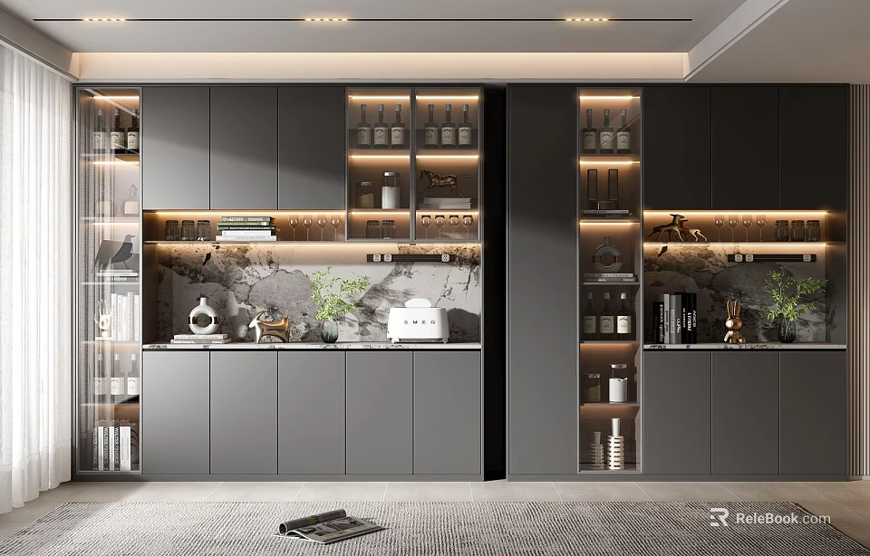 Modern Gray Built in Wine Cabinet with Glass Doors Interior Lighting and Decorative Items 3d model 