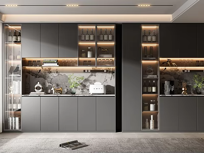 Modern Gray Built in Wine Cabinet with Glass Doors Interior Lighting and Decorative Items 3d model