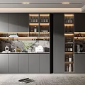 Modern Gray Built in Wine Cabinet with Glass Doors Interior Lighting and Decorative Items