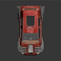 Red Modified Car With Multiple Exhaust Pipes NEE Logo And Worn Tires