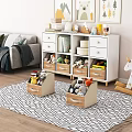 White Console Side Cabinet With Wooden Legs Drawers Open Shelves Storage For Books Decorations Toys