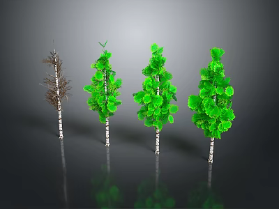 Four Trees Featuring White Trunks Black Stripes Withered And Lush Green Leaves On Grey Background 3d model