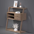 Wooden Walnut Storage Shelf Cabinet with Open Shelves Drawer Picture Frame Vase and Decorative Plant