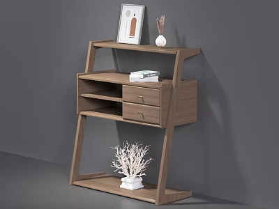Wooden Walnut Storage Shelf Cabinet with Open Shelves Drawer Picture Frame Vase and Decorative Plant 3d model