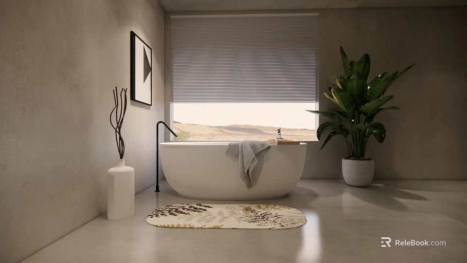 Minimalist Bathroom Interior With Freestanding Bathtub Window Blinds Green Plant And Rug 3d model 
