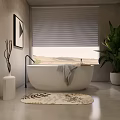 Minimalist Bathroom Interior With Freestanding Bathtub Window Blinds Green Plant And Rug