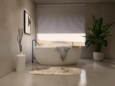Minimalist Bathroom Interior With Freestanding Bathtub Window Blinds Green Plant And Rug 3d model