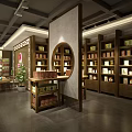 Chinese Style Specialty Store Interior With Wooden Counters Green Plants And Round Mirror