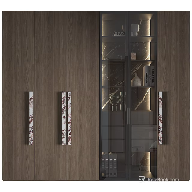 Modern Wooden Display Cabinet With Glass Doors And Decorative Marble Accents 3d model 