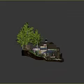 Cartoon Scenic Island With Small House Green Trees Stone Path And Blue Roof Pavilion