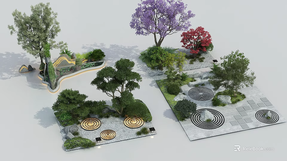 Garden Ornaments Landscape Features With Colorful Trees Circular Pavements And Stone Elements 3d model 