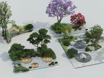 Garden Ornaments Landscape Features With Colorful Trees Circular Pavements And Stone Elements 3d model