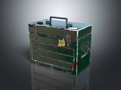 Worn Vintage Green Metal Toolbox With Drawers Handle And Yellow Label 3d model