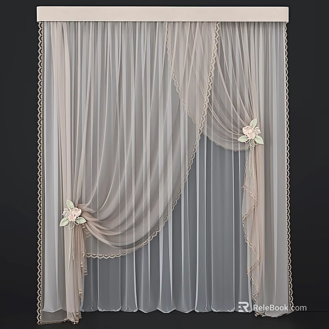 Light Beige Sheer Curtains With Lace Trim And Floral Side Decorations 3d model 