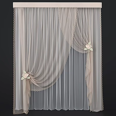 Light Beige Sheer Curtains With Lace Trim And Floral Side Decorations 3d model