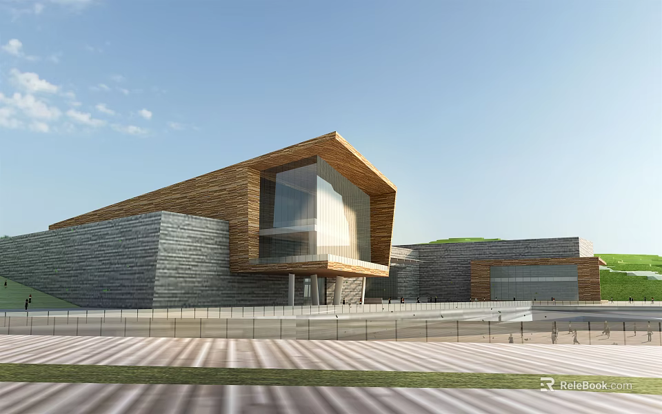 Modern Museum Building Exterior With Sloped Roof Stone Walls And Glass Windows 3d model 