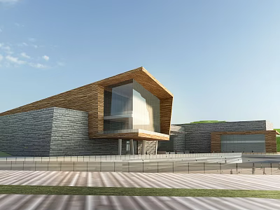 Modern Museum Building Exterior With Sloped Roof Stone Walls And Glass Windows 3d model