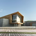 Modern Museum Building Exterior With Sloped Roof Stone Walls And Glass Windows
