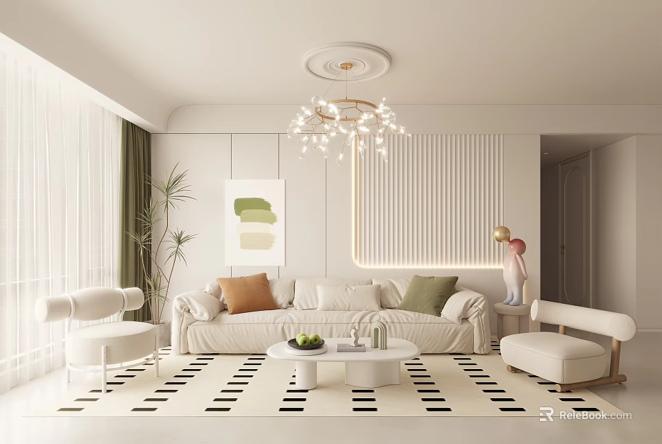 Modern Living Room Interior With Beige Sofa Coffee Table Black White Rug And Chandelier 3d model 