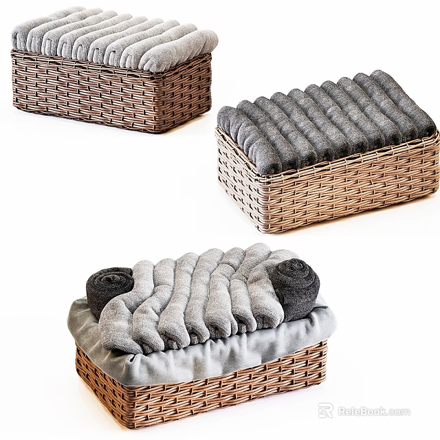 Laundry Daily Use Wicker Baskets with Folded Gray Towels and Rolled Linens 3d model 