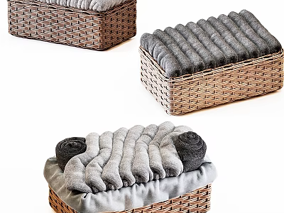 Laundry Daily Use Wicker Baskets with Folded Gray Towels and Rolled Linens 3d model