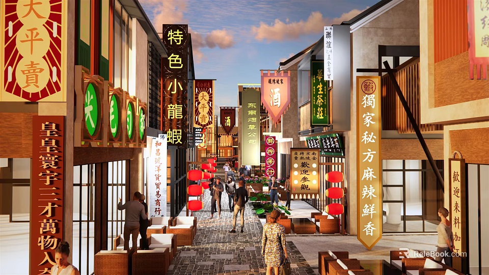 Traditional Chinese Commercial Street With Local Food Shops Red Lanterns And Pedestrians 3d model 