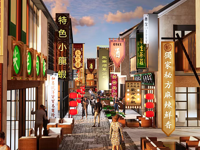 Traditional Chinese Commercial Street With Local Food Shops Red Lanterns And Pedestrians 3d model