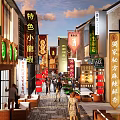 Traditional Chinese Commercial Street With Local Food Shops Red Lanterns And Pedestrians