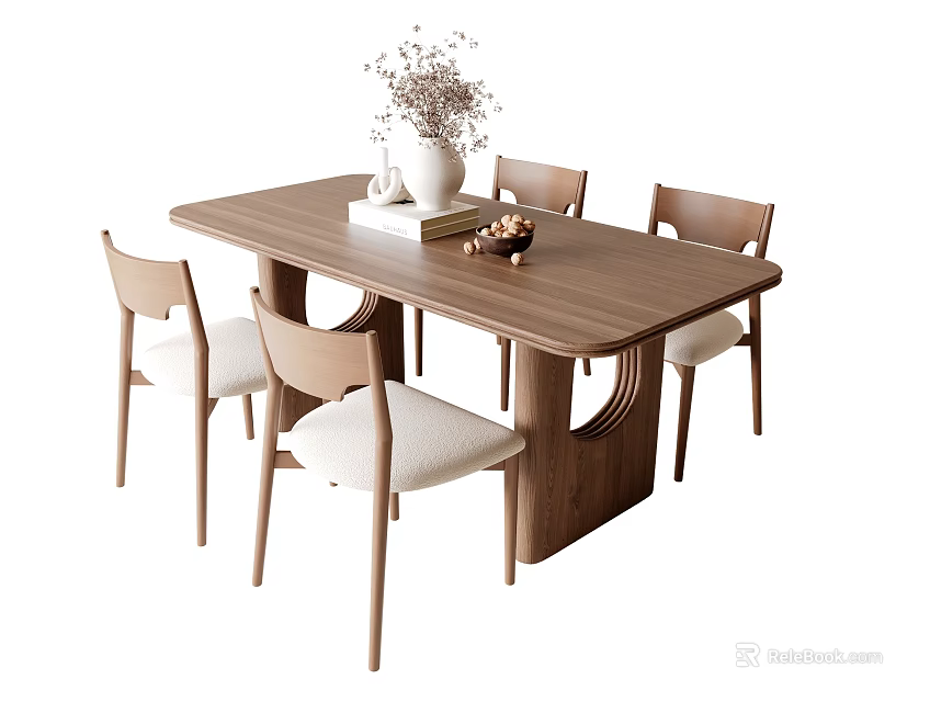 Modern Wooden Dining Table Set With Four Chairs And Minimalist Vase Decoration 3d model 