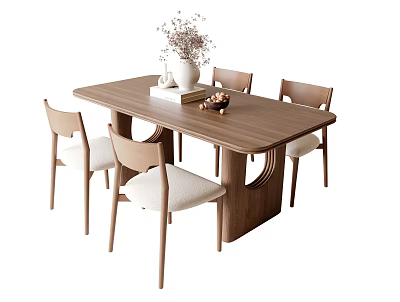 Modern Wooden Dining Table Set With Four Chairs And Minimalist Vase Decoration 3d model