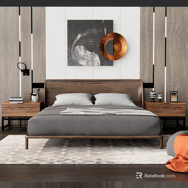 Double Bed with Wooden Headboard Gray Bedding White Pillows Nightstands and Copper Wall Decor 3d model 