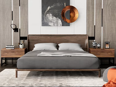 Double Bed with Wooden Headboard Gray Bedding White Pillows Nightstands and Copper Wall Decor 3d model