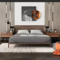 Double Bed with Wooden Headboard Gray Bedding White Pillows Nightstands and Copper Wall Decor