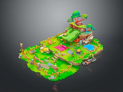 Vibrant 3D Landscape With Green Grass Trees Slide Fence Path And Blue Pool 3d model