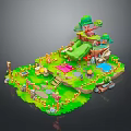 Vibrant 3D Landscape With Green Grass Trees Slide Fence Path And Blue Pool