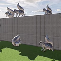 Silver Animal Landscape Sculptures On Gray Concrete Wall And Green Grass With Modern Metal Style