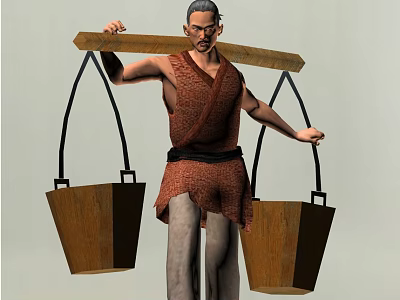 Game Movie Male Character Wearing Red Outfit Carrying Pole With Wooden Buckets 3d model