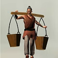 Game Movie Male Character Wearing Red Outfit Carrying Pole With Wooden Buckets