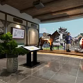 Traditional Chinese Exhibition Hall With Wooden Structure Display Cabinets And Green Plants