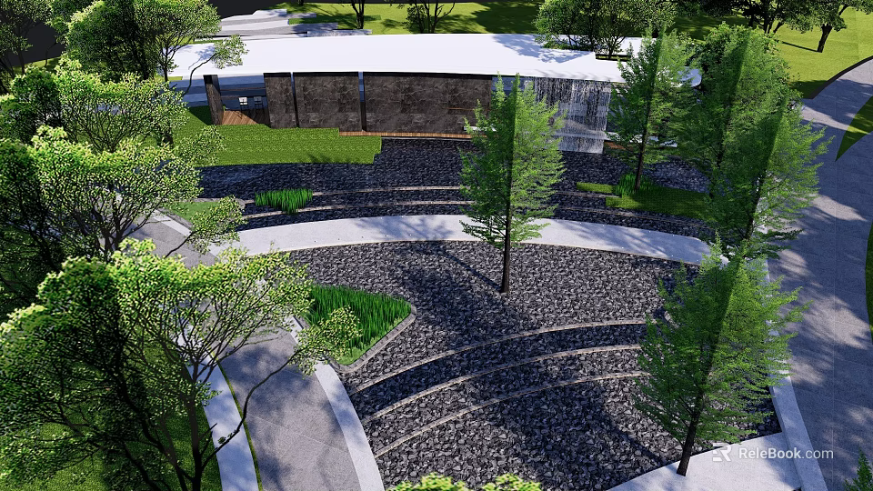 Residential Landscape Design With Curved Paths Lush Trees And Layered Greenery 3d model 