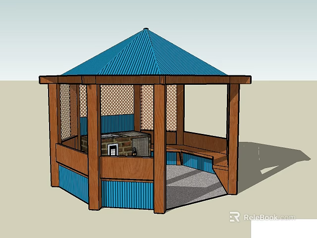 Wooden Octagonal Gazebo with Blue Roof Latticed Panels Seating Area and Fireplace 3d model 