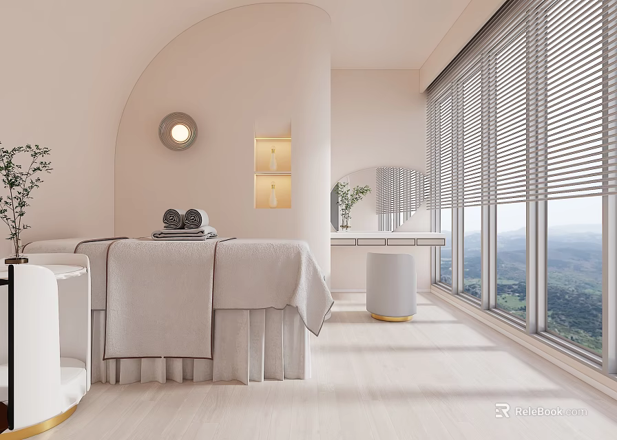 Relaxing Modern SPA Sauna Room With Massage Bed Towels And Mountain View Windows 3d model 