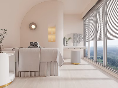 Relaxing Modern SPA Sauna Room With Massage Bed Towels And Mountain View Windows 3d model