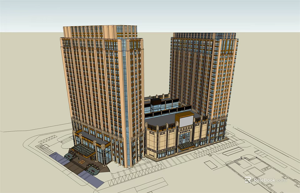 Modern Twin High Rise Office Building With Golden Facade And Ground Floor Entrance 3d model 