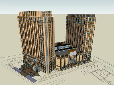 Modern Twin High Rise Office Building With Golden Facade And Ground Floor Entrance 3d model