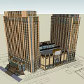 Modern Twin High Rise Office Building With Golden Facade And Ground Floor Entrance